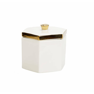 White Hexagon Shaped Box with Gold Flower Knob on Cover - Tall